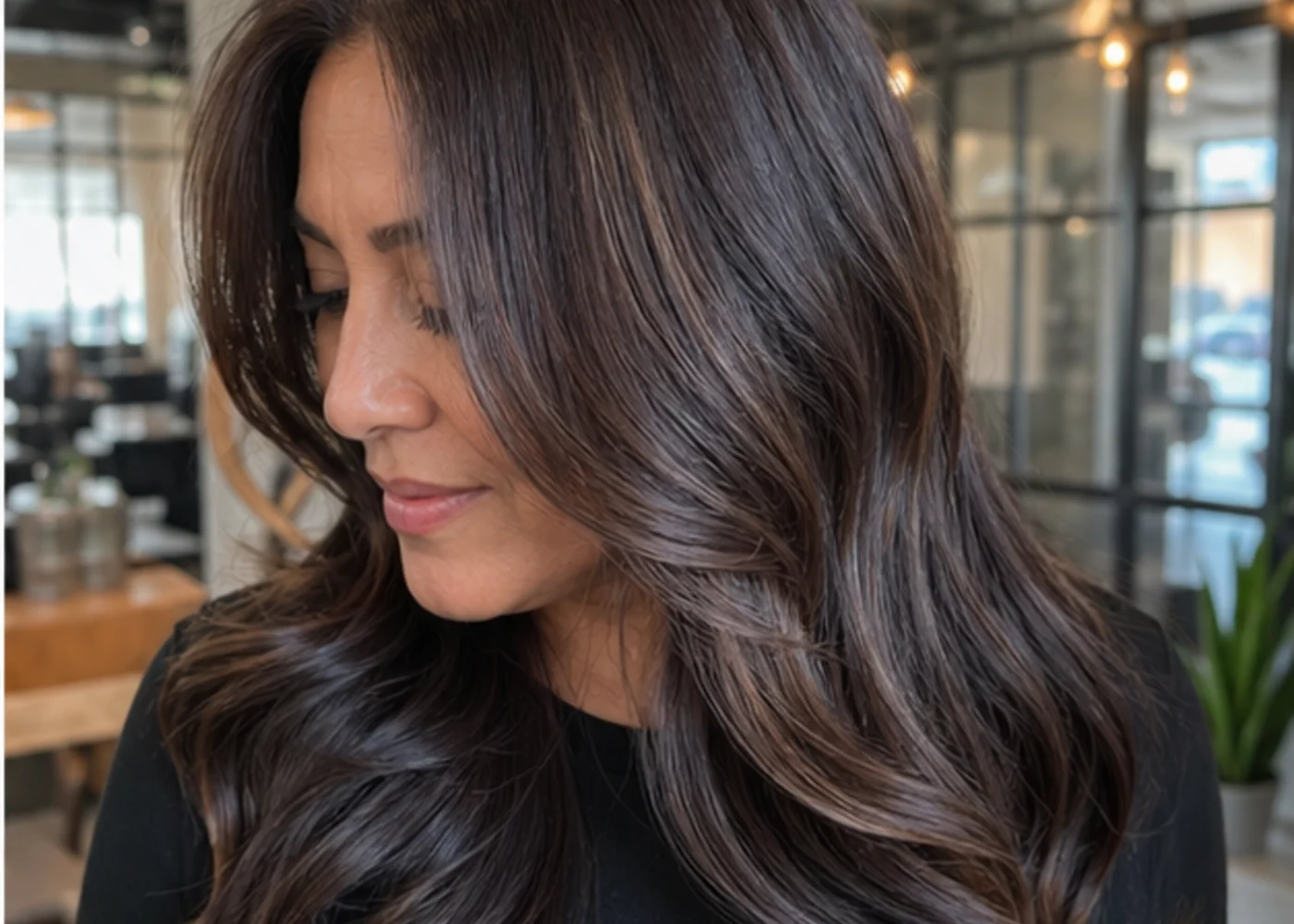 Glossy brunette tone refresh inspiration for colour maintenance guidance.