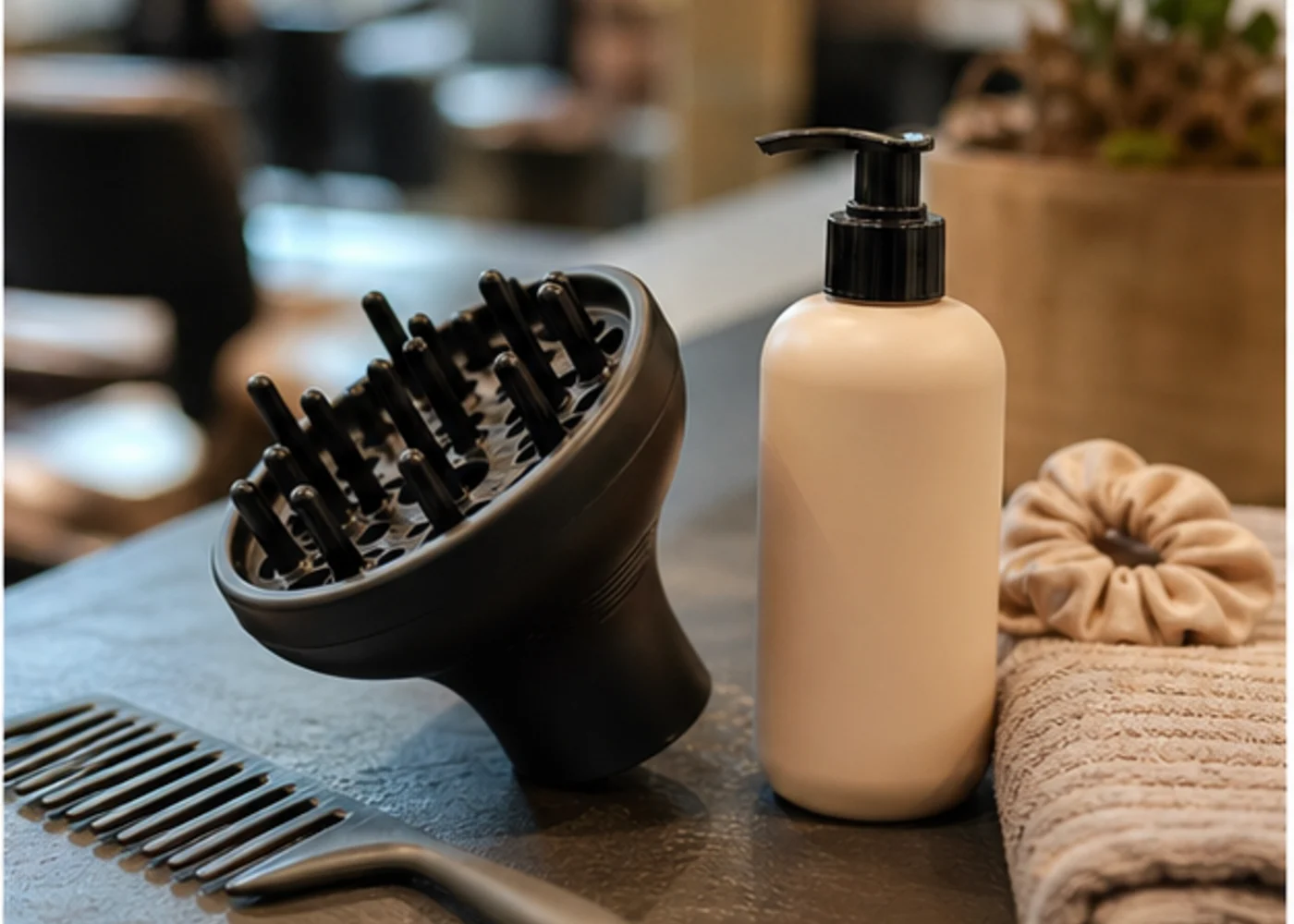 Curl-care setup with diffuser, wide-tooth comb, and unbranded bottle.