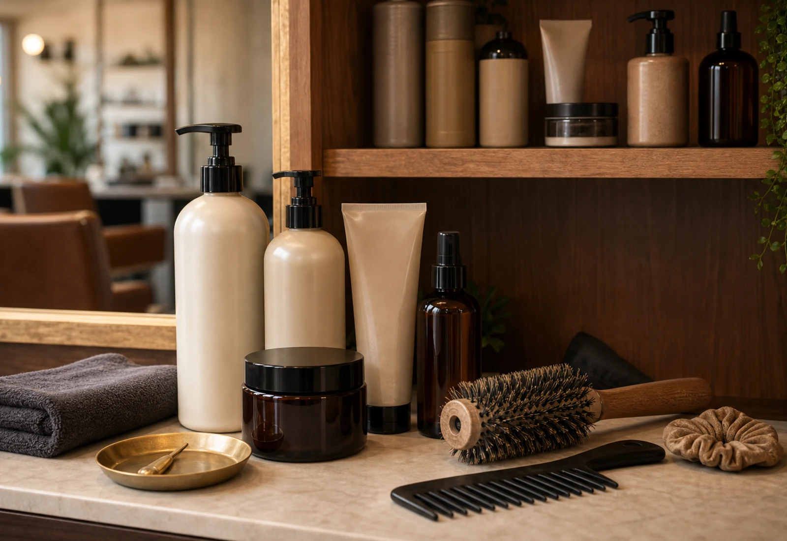 Editorial product shelf with unbranded salon bottles, brush, comb, towel, and warm walnut styling.
