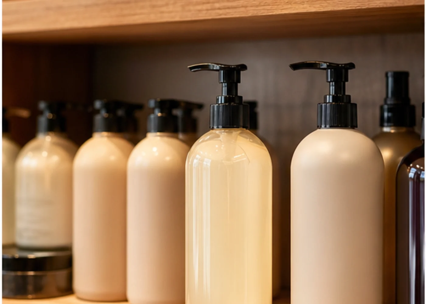 Unbranded shampoo and conditioner bottles on a warm salon shelf.