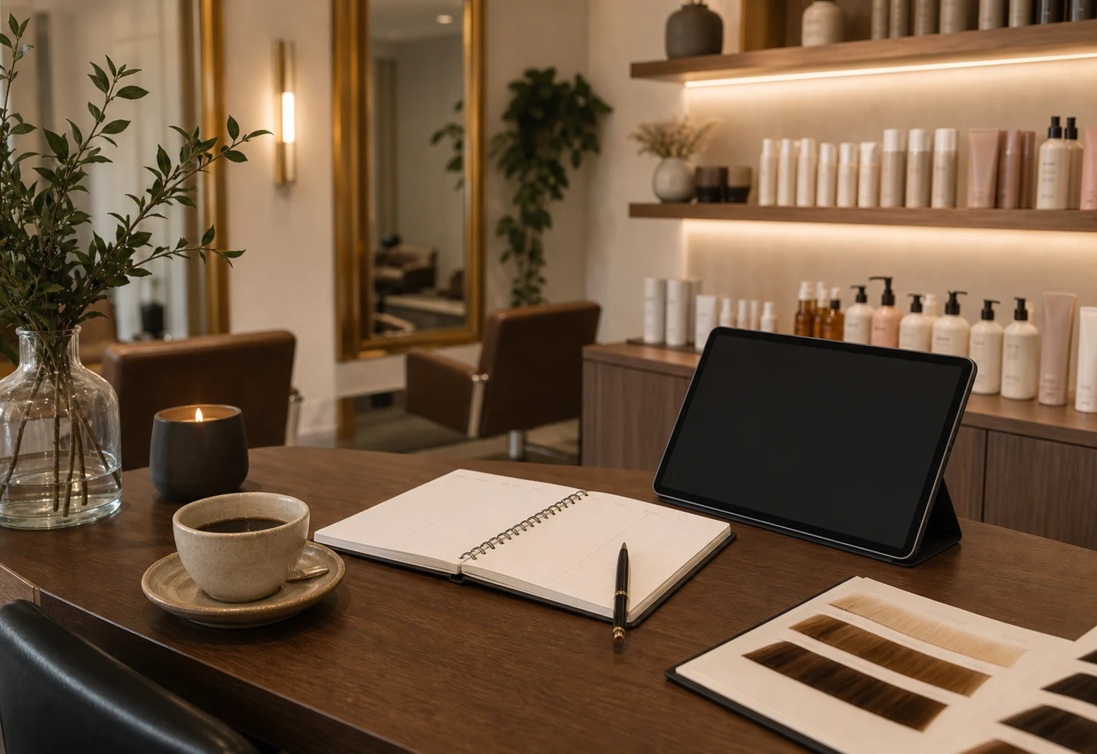 Premium salon booking and consultation desk with tablet, appointment notebook, hair swatches, and warm product shelving.