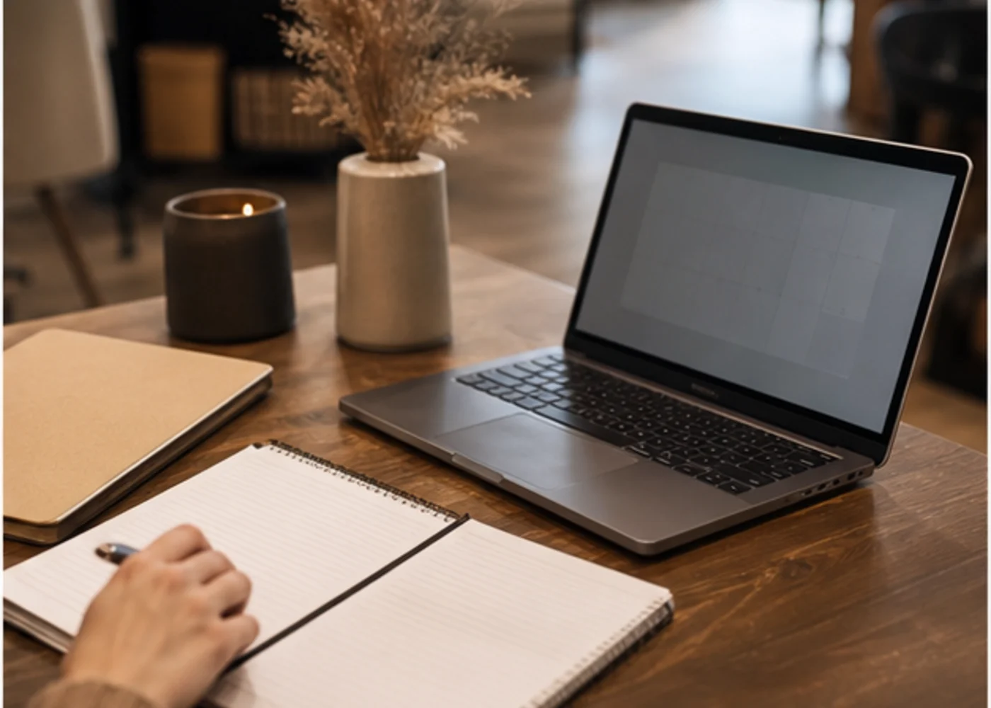 Platform-neutral booking preparation desk with laptop and appointment notes, with no readable client data.