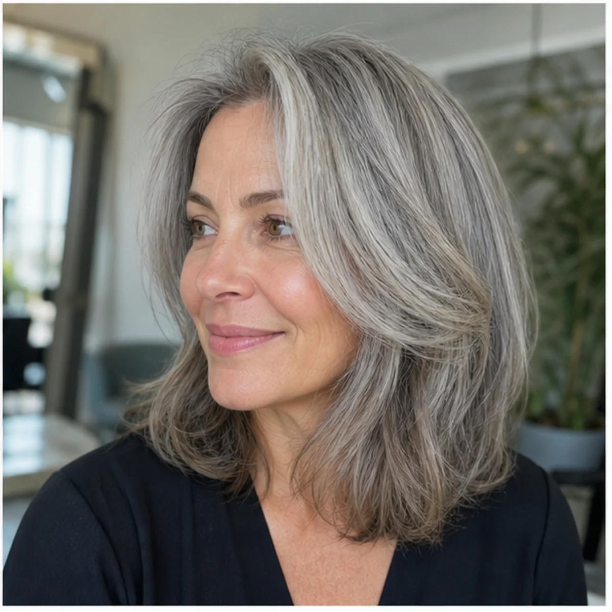Natural grey-blend haircut and blowout inspiration - demo inspiration image.