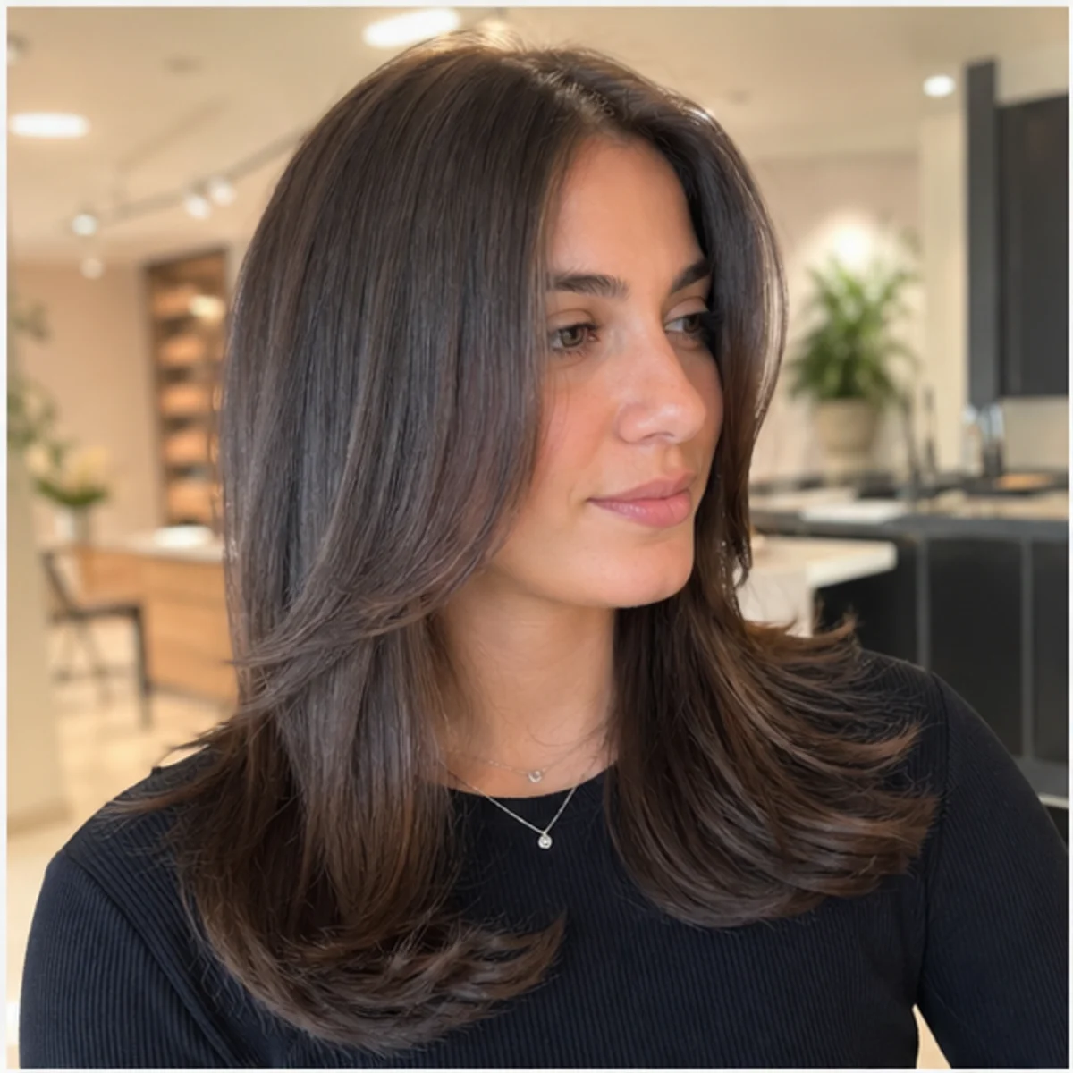 Smooth polished blowout on medium-length brunette hair - demo inspiration image.