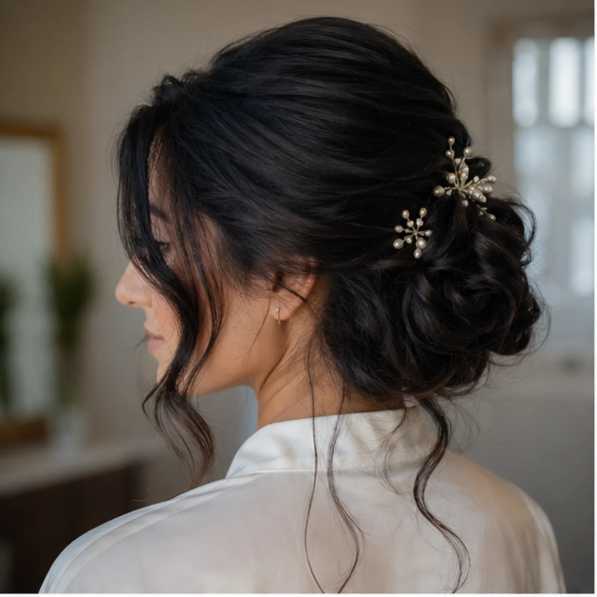 Soft low event updo with loose tendrils - demo concept.