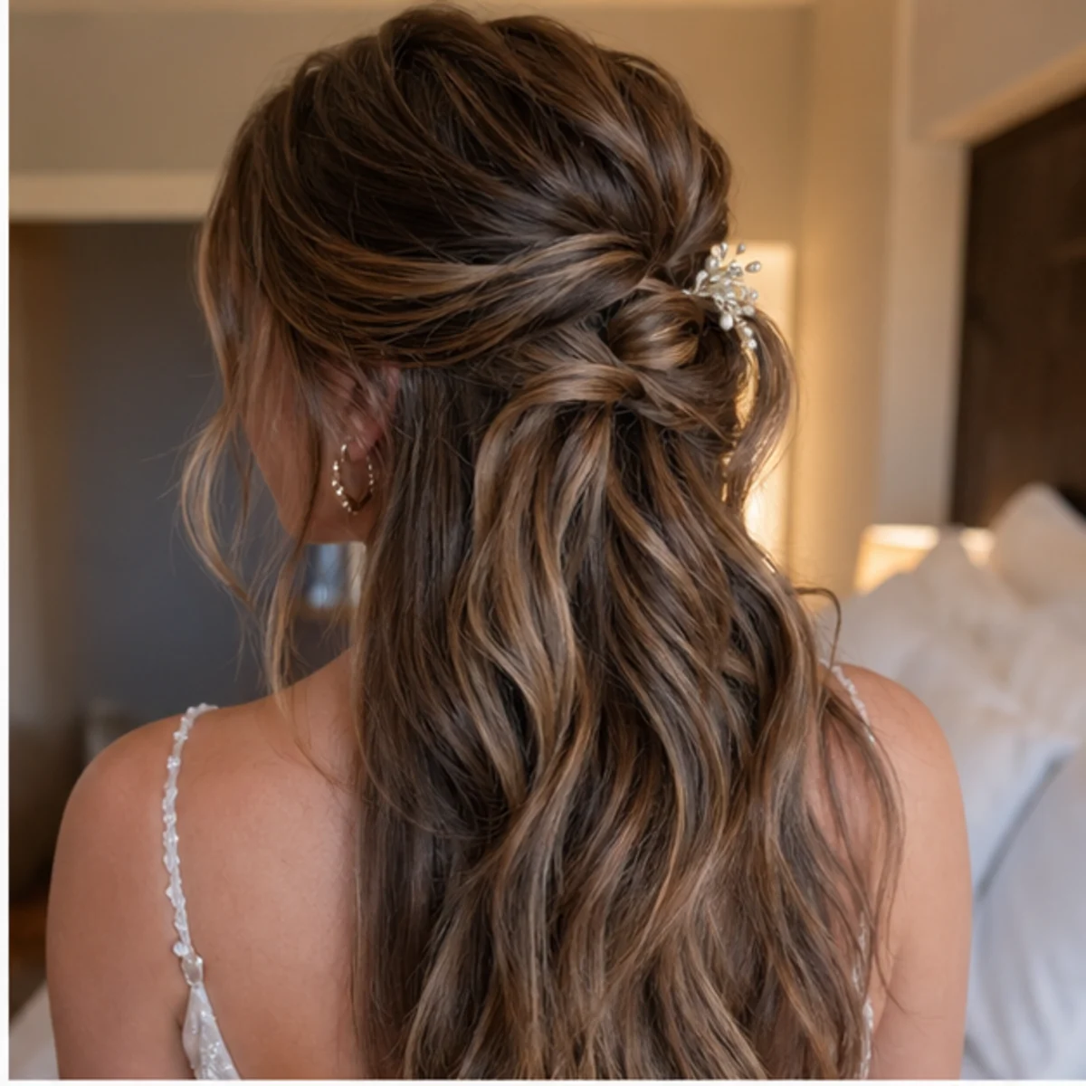 Half-up event style with soft waves and natural volume - demo concept.