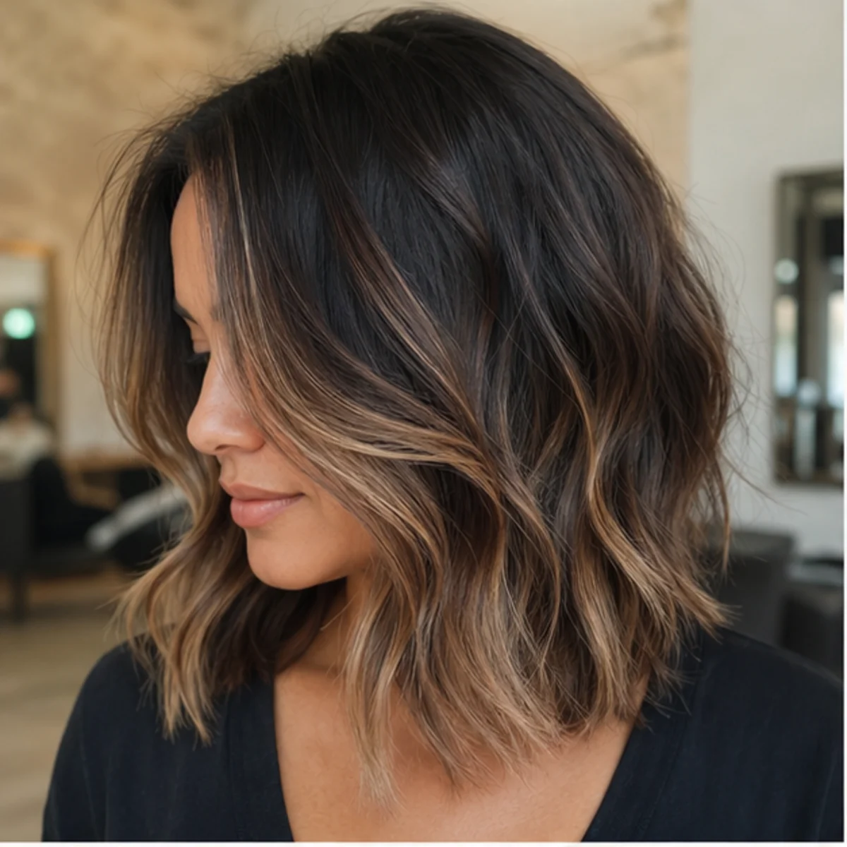 Dimensional brunette balayage on shoulder-length hair - demo inspiration image.