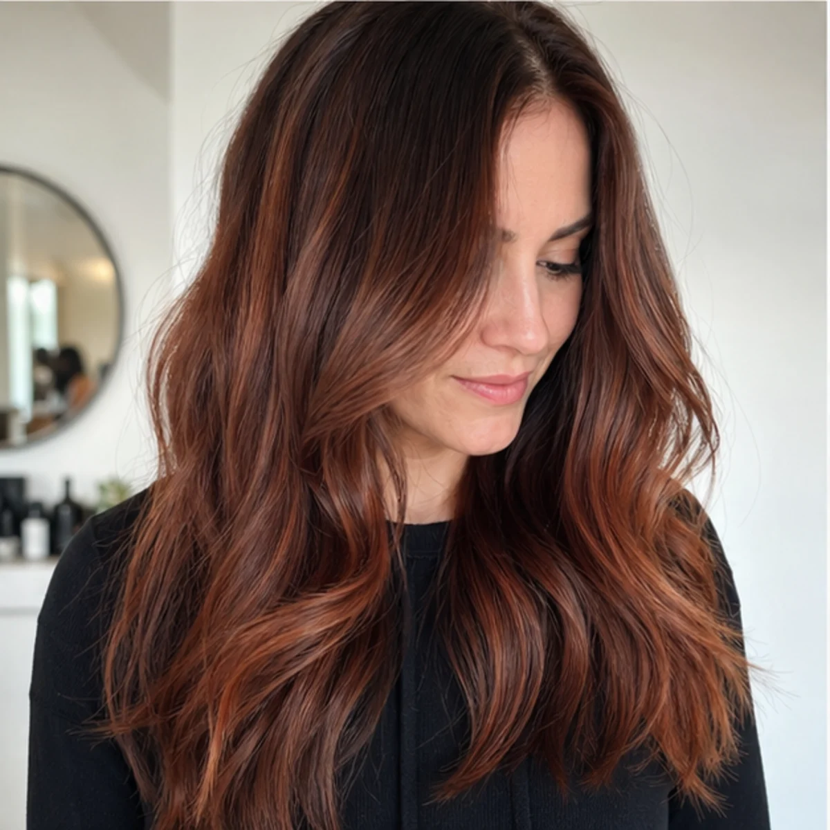 Rooted copper gloss on long hair - demo inspiration image.