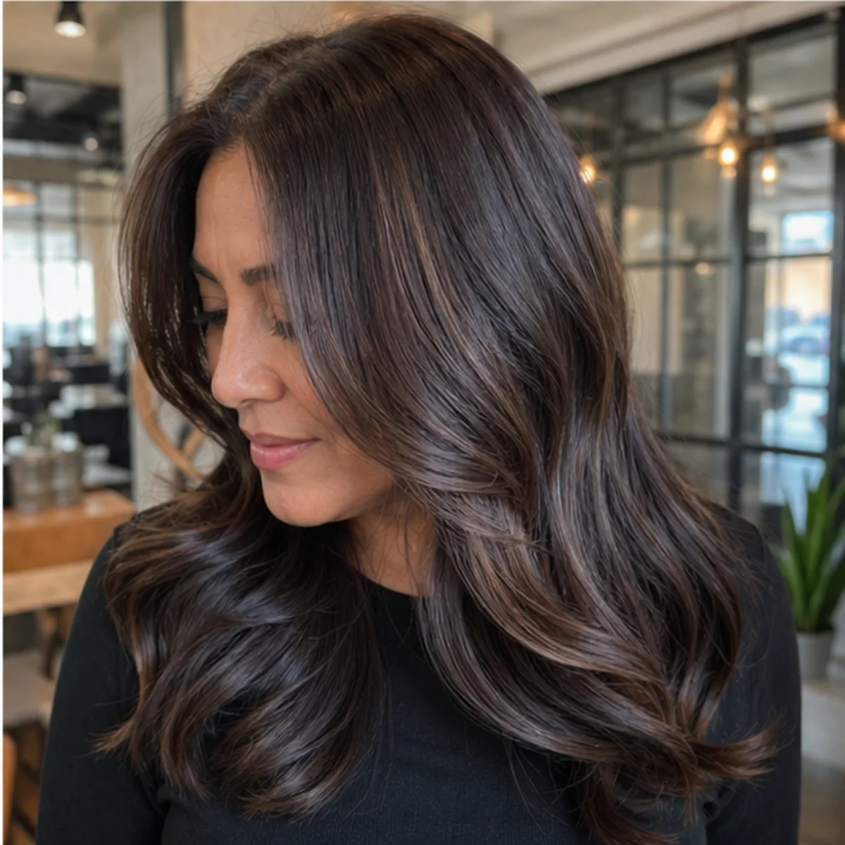Glossy brunette tone refresh with soft bend - demo inspiration image.