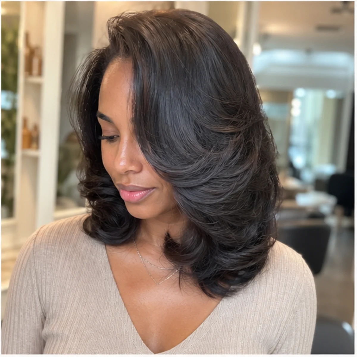 Bouncy round-brush blowout on shoulder-length hair - demo inspiration image.
