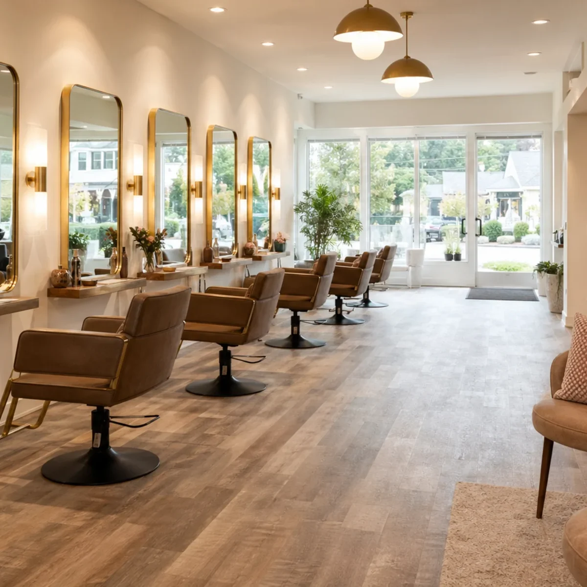 Warm salon mirror and styling chair mood concept.