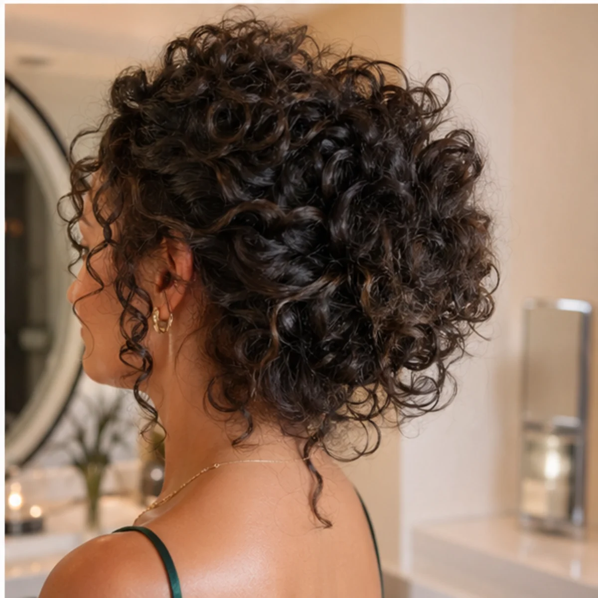 Romantic textured event updo inspiration on curly hair.