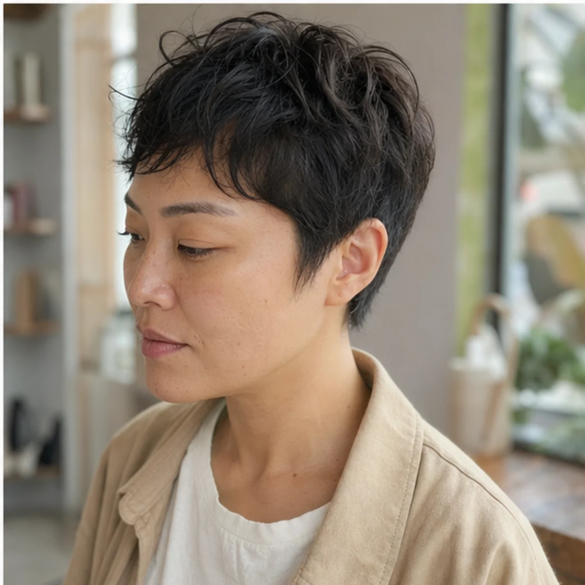 Short textured crop with taper detail and natural finish.