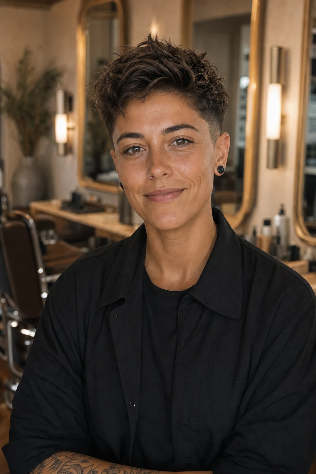 Demo stylist concept portrait for a short-hair and barbering specialist in a warm premium salon.