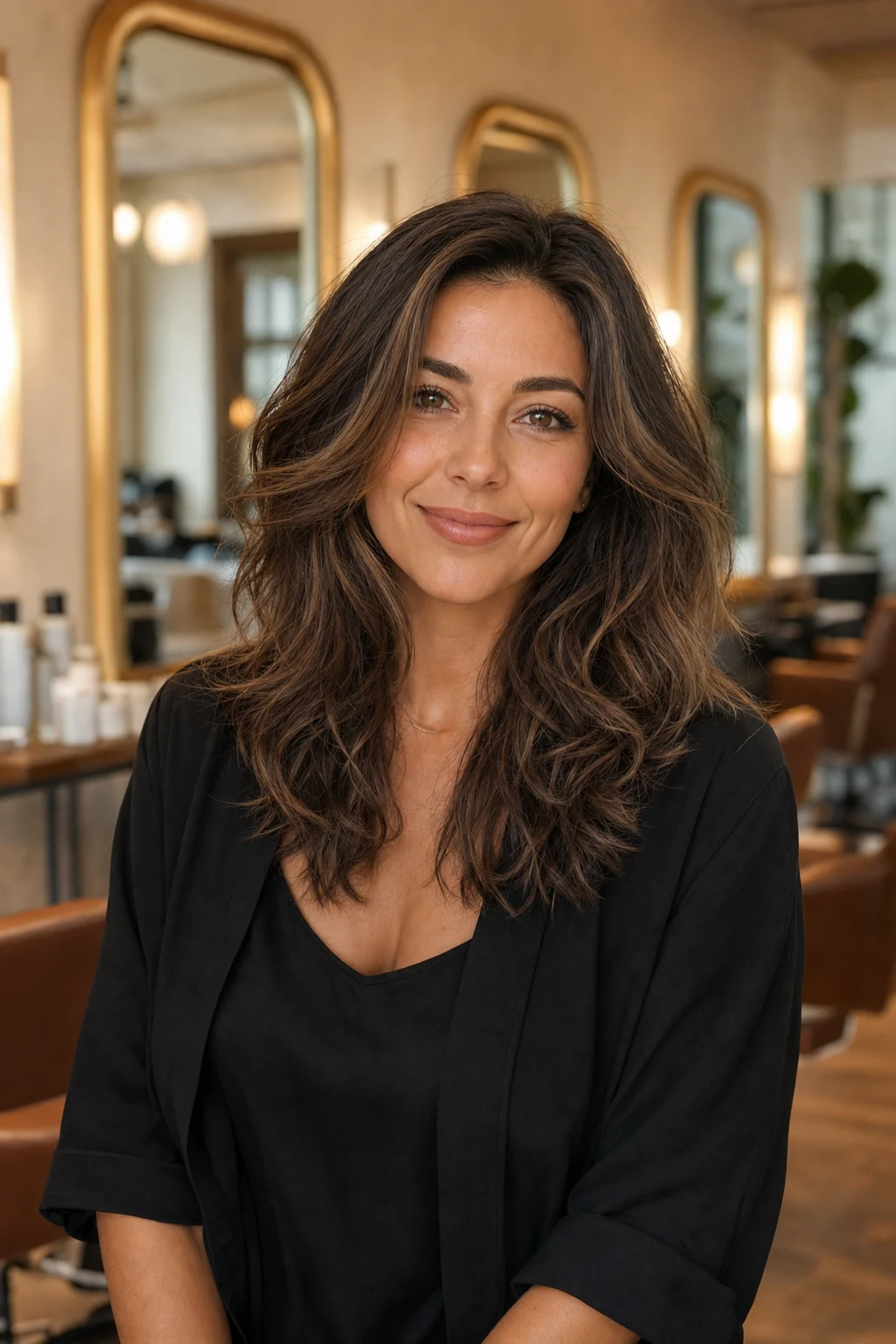 Demo stylist concept portrait for a senior colour stylist in a warm premium salon.