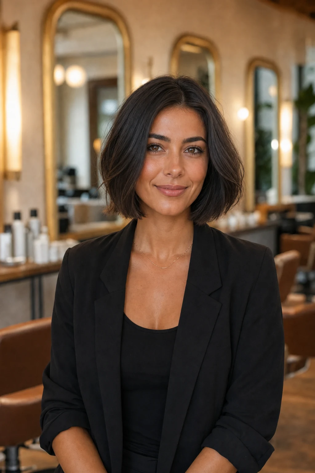 Demo stylist concept portrait for a precision cut and styling stylist in a warm premium salon.